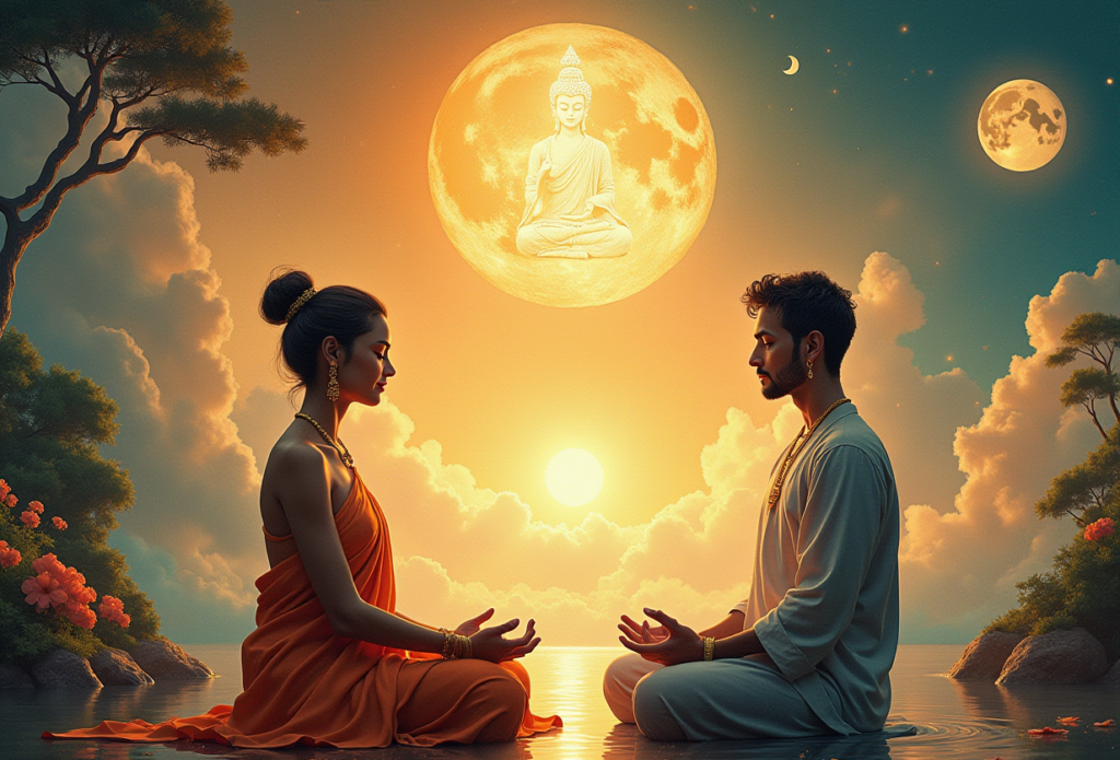 Uncover the spiritual significance of marriage dreams in Buddhism and Hinduism. Explore the symbolism of a couple meditating in a serene setting, surrounded by symbols of enlightenment and spiritual growth, as a reflection of karma, dharma, and the path to liberation.