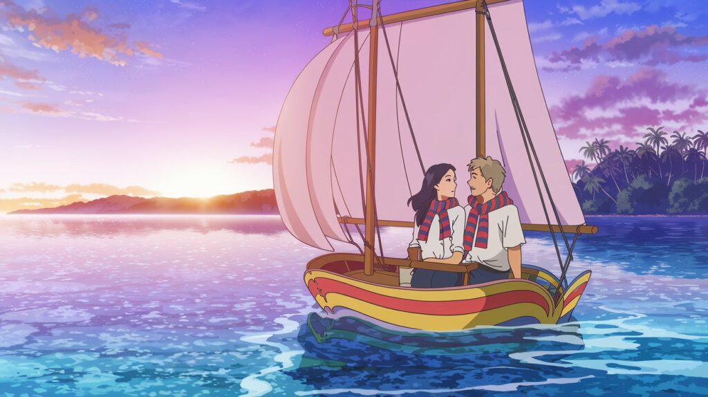 A happy couple sailing through calm waters at sunset, symbolizing the journey of a successful marriage.