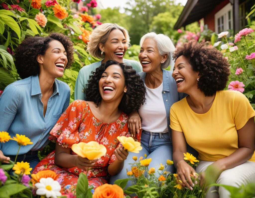 A diverse group of women, ages 30 to 50, come together in a vibrant setting, radiating empowerment and resilience. Surrounded by nature's beauty, they share laughter, stories, and support, fostering a strong sense of community.