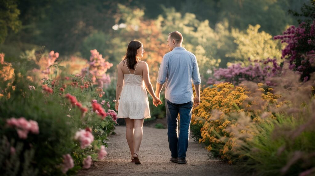 A couple, deeply in love, walking hand-in-hand along a garden path.