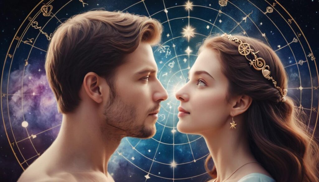 A loving couple gazing into each other's eyes, surrounded by a celestial backdrop of twinkling stars and zodiac signs. The image evokes feelings of love, romance, and cosmic connection.