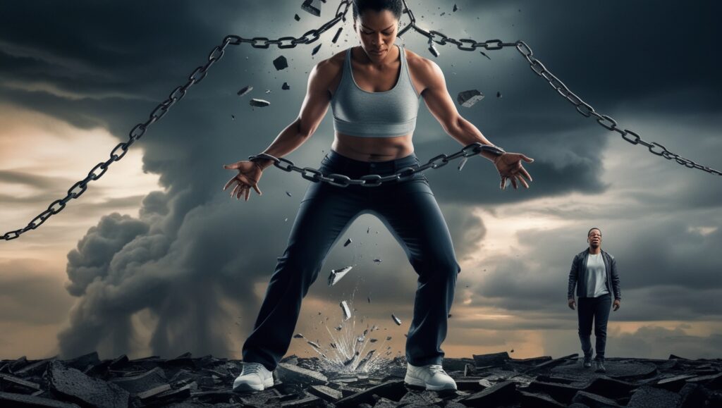 A visual representation of personal growth and empowerment, as the person breaks free from the chains of a toxic relationship.