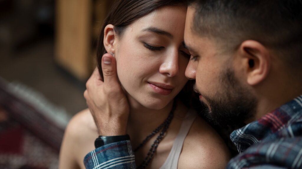 A couple smiling and talking openly and comfortably, emphasizing the importance of communication in a healthy relationship