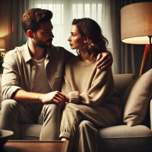 A man and woman sitting closely on a modern couch in a softly lit living room, sharing a serious and understanding conversation. The warm, cozy atmosphere includes cushions and a glowing lamp, emphasizing trust and connection.