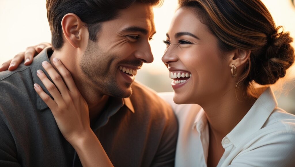 A close-up of a couple laughing, their faces close together, suggesting a strong connection.