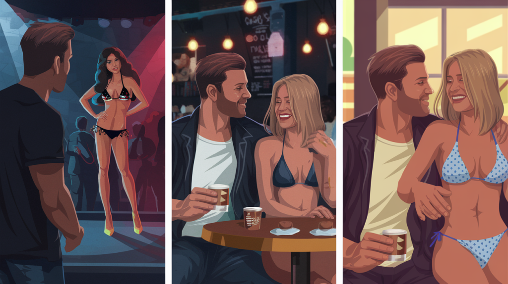 A visual journey of dating a stripper, starting with a man observing a stripper from afar in a dimly lit club, then progressing to a casual coffee shop encounter, and finally culminating in a shared moment of genuine connection.