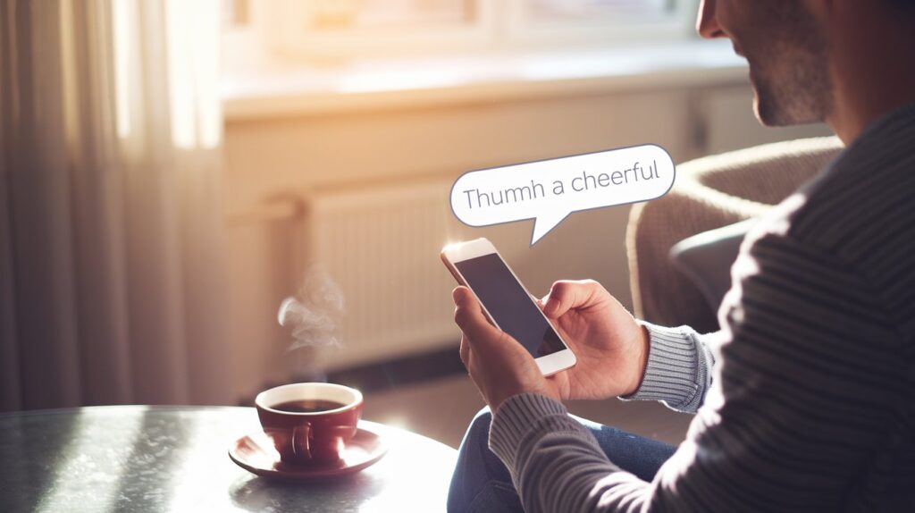 A man sitting by a sunlit window, holding a smartphone while typing a good morning text. A steaming cup of coffee rests on a nearby table, with warm sunlight filling the cozy, modern room.