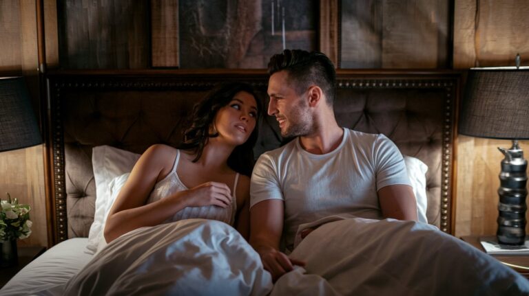 A couple in bed, sharing a moment of intimacy. One partner looks intrigued, while the other gazes into the distance with a subtle smile.