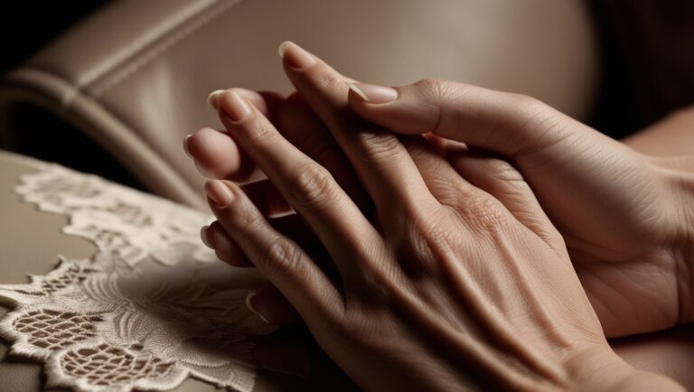 A close-up of two hands intertwined, one hand gently caressing the other. Soft lighting highlights the textures of the skin. Hints of leather or lace are visible in the blurred background.