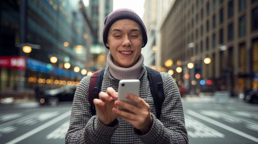 A person smiling while swiping through Tinder profiles on their phone, conveying a positive and hopeful approach to online dating