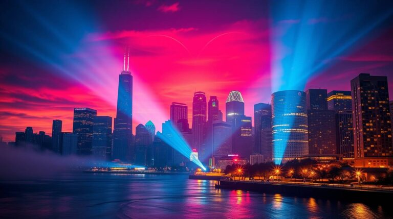 A heart-shaped frame with the Chicago skyline visible in the background, symbolizing romance and love in the city