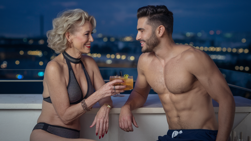 A stylish couple, an older woman and a younger man, are smiling and enjoying a drink at a trendy bar. The image conveys the excitement and potential for connection found on dating platforms like Match.com.