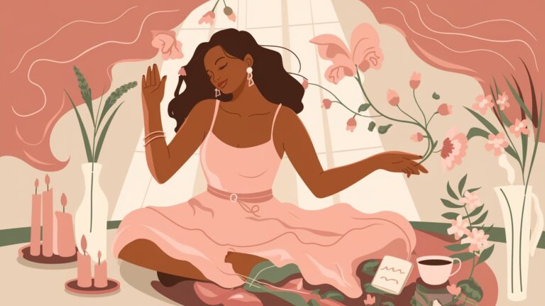 A graceful woman surrounded by soft light, fresh flowers, and flowing fabrics, embodying feminine energy through self-care and creativity.