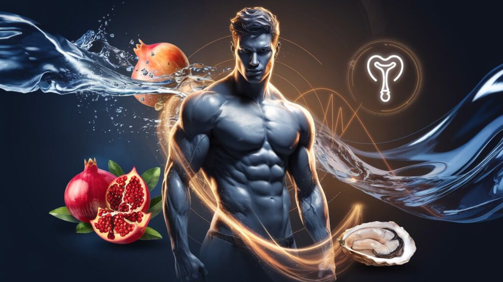 Illustration symbolizing male sexual vitality, featuring a strong male figure with energy waves, hydration elements, nutritious foods, and a glowing prostate icon, representing natural ways to enhance ejaculation strength and volume.