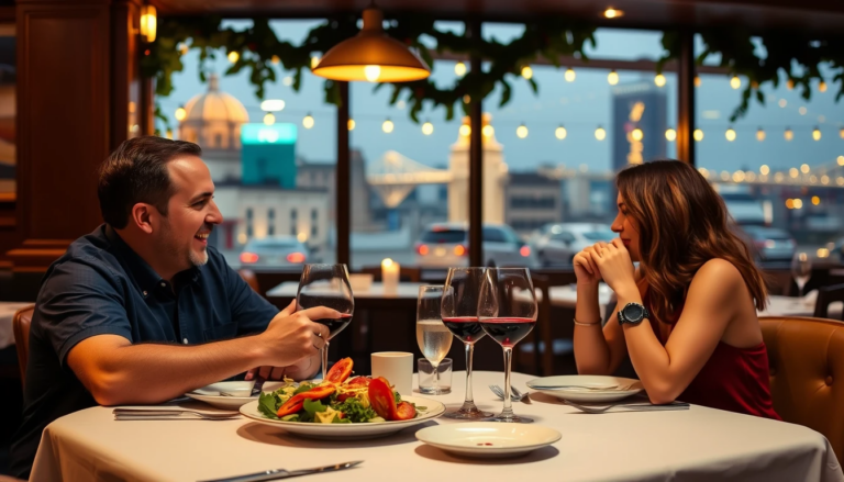 A couple enjoying a romantic dinner at a restaurant in the South Hills of Pittsburgh